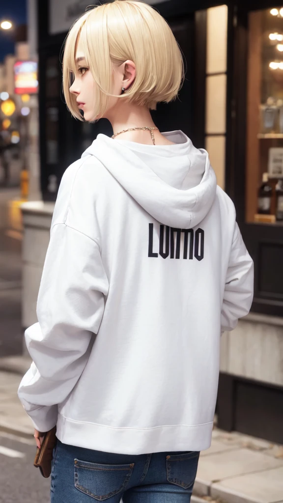 Blonde Bob Hair Small eyes Thin lips Wide jeans White hoodie with YUKA lettering Louis Vuitton Necklace night In town round face Back view