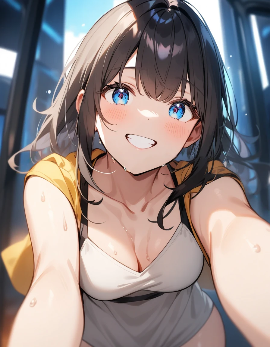 8k、masterpiece、Japanese、Woman wearing glasses、anise、from the front、smile、Childish、Big Breasts、Sheer School Swimsuit、night、Bedroom、