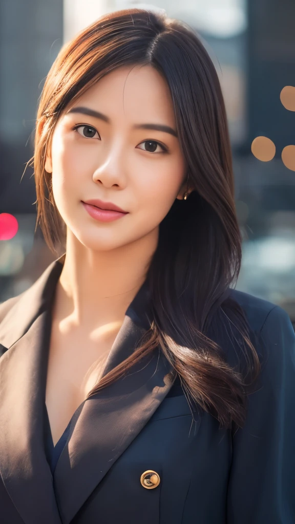 masterpiece, best quality, novel illustration, highres, 35 years_old, Japanese woman, stunning freelance announcer, elegant and intelligent woman, slender and graceful build, wearing stylish and sophisticated business attire, confident and composed expression, long black hair, modern and sleek city backdrop, emphasis on her broadcasting expertise, subtle yet alluring charm, hints of a complex romantic past, vibrant and detailed background, professional and polished look, realistic lighting and shadows, detailed facial features, contemporary art style, engaging and captivating visual, spicy novel cover.