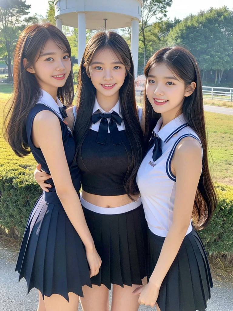 (A super cute Korean high school girl takes a photo with two close friends from her class..2)(grin,Smile)(Beautiful Sweat:1.1)(16K, RAW Photos, Highest quality, masterpiece: 1.2),(Shiny black hair) Super detailed, Super Resolution, (Genuine, Genuine photos: 1.37), Portraiture, High-resolution RAW color photos, Professional photos, Very detailed, 8k wallpaper, Very detailed CG Unity 8k wallpaper, Very detailed beautiful girls, Very detailed faces, ((whole body)), beautiful woman, Huge breasts,(huge boobs:1.1) (Big Boobs:1.1), Beauty college student (A tight, girly, navy sleeveless school uniform with ribbon.),high school girl, Korean Girls,(K-POP Female Idols), (Idol-class beauty)(Beautiful high school girl:1.1)(Bus stop on a country road)(18-year-old)(Stylish school uniform-style outfit:1.1)(Group photo:1.3)