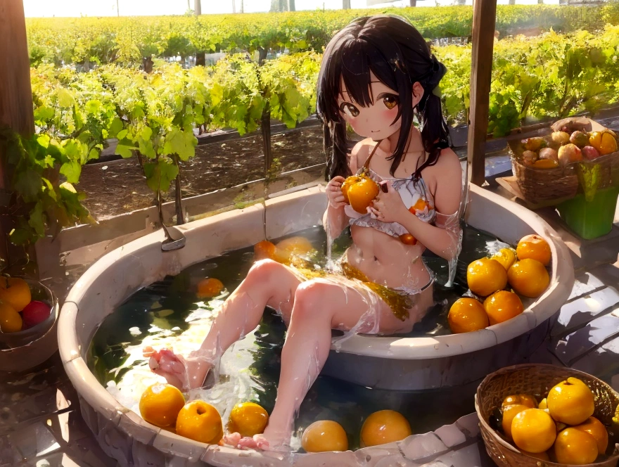 Cute Girl、Apples, oranges and bananas take a bath in abundance、Soak in the open-air bath、barefoot、There are lots of grapes and muscats around.