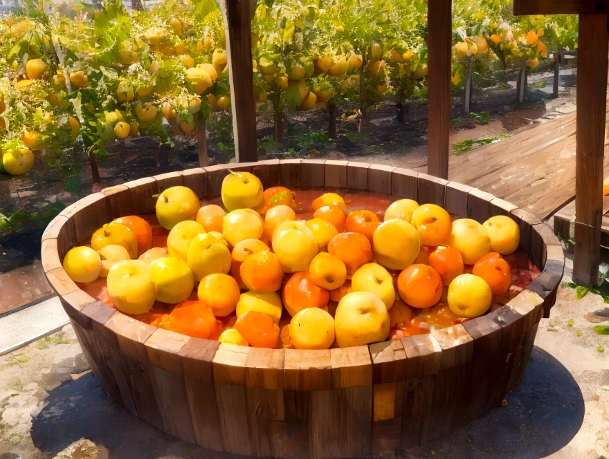 Cute Girl、Apples, oranges and bananas take a bath in abundance、Soak in the open-air bath、barefoot、There are lots of grapes and muscats around.