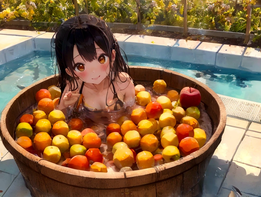 Cute Girl、Apples, oranges and bananas take a bath in abundance、Soak in the open-air bath、barefoot、There are lots of grapes and muscats around.