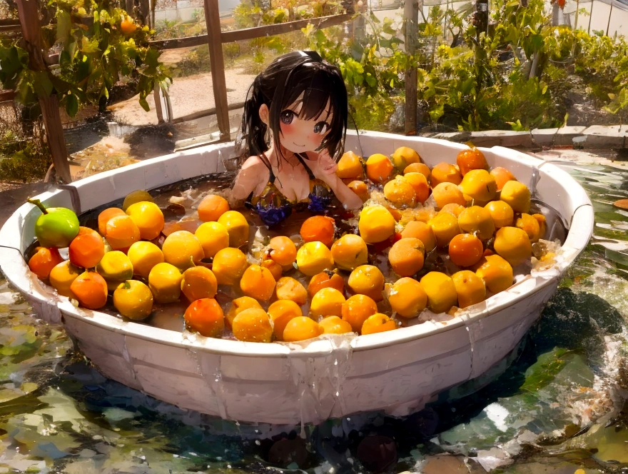 Cute Girl、Apples, oranges and bananas take a bath in abundance、Soak in the open-air bath、barefoot、There are lots of grapes and muscats around.