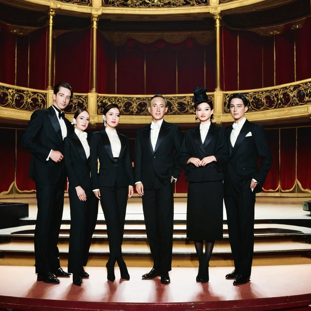 Four man and four woman wearing black suit at opera stage