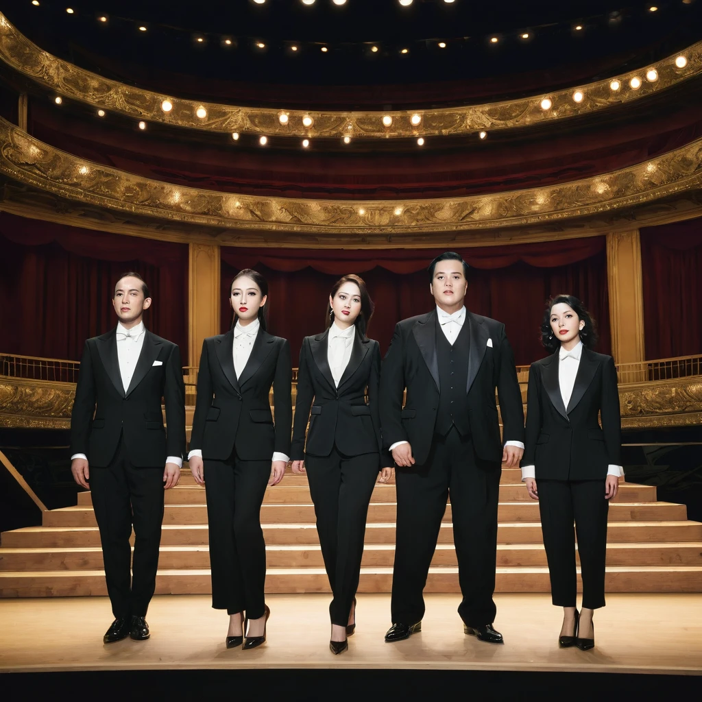 Four man and four woman wearing black suit at opera stage