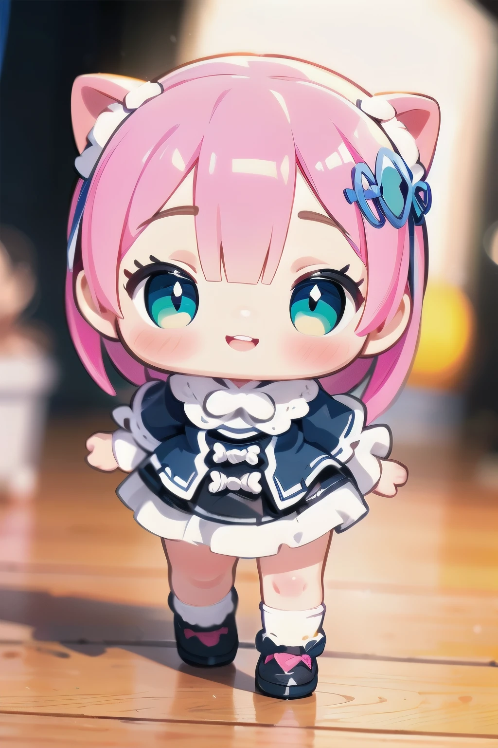 beautiful detailed eyes, beautiful detailed lips, extremely detailed eyes and face, long eyelashes, 1girl, chibi, kawaii, cute, , photo-realistic, hyperrealistic, street fashion, cosplay, rem from re:zero, full body, smiling, fantasy, fantasy art, digital painting, cinematic lighting, dramatic lighting, vibrant colors, highly detailed, sharp focus, volumetric lighting, photorealistic, 8k, best quality, masterpiece