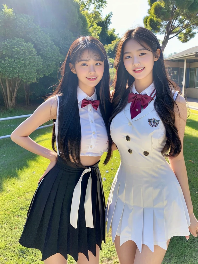 (A super cute Korean high school girl takes a photo with two close friends from her class..2)(grin,Smile)(Beautiful Sweat:1.1)(16K, RAW Photos, Highest quality, masterpiece: 1.2),(Shiny black hair) Super detailed, Super Resolution, (Genuine, Genuine photos: 1.37), Portraiture, High-resolution RAW color photos, Professional photos, Very detailed, 8k wallpaper, Very detailed CG Unity 8k wallpaper, Very detailed beautiful girls, Very detailed faces, ((whole body)), beautiful woman, Huge breasts,(huge boobs:1.1) (Big Boobs:1.1), Beauty college student (A tight, girly, navy sleeveless school uniform with ribbon.),high school girl, Korean Girls,(K-POP Female Idols), (Idol-class beauty)(Beautiful high school girl:1.1)(Bus stop on a country road)(18-year-old)(Stylish school uniform-style outfit:1.1)(Group photo:1.3)