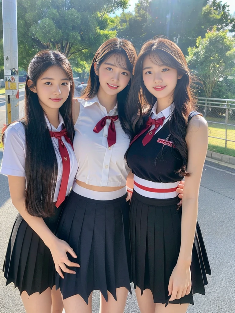 (A super cute Korean high school girl takes a photo with two close friends from her class..2)(grin,Smile)(Beautiful Sweat:1.1)(16K, RAW Photos, Highest quality, masterpiece: 1.2),(Shiny black hair) Super detailed, Super Resolution, (Genuine, Genuine photos: 1.37), Portraiture, High-resolution RAW color photos, Professional photos, Very detailed, 8k wallpaper, Very detailed CG Unity 8k wallpaper, Very detailed beautiful girls, Very detailed faces, ((whole body)), beautiful woman, Huge breasts,(huge boobs:1.1) (Big Boobs:1.1), Beauty college student (A tight, girly, navy sleeveless school uniform with ribbon.),high school girl, Korean Girls,(K-POP Female Idols), (Idol-class beauty)(Beautiful high school girl:1.1)(Bus stop on a country road)(18-year-old)(Stylish school uniform-style outfit:1.1)(Group photo:1.3)