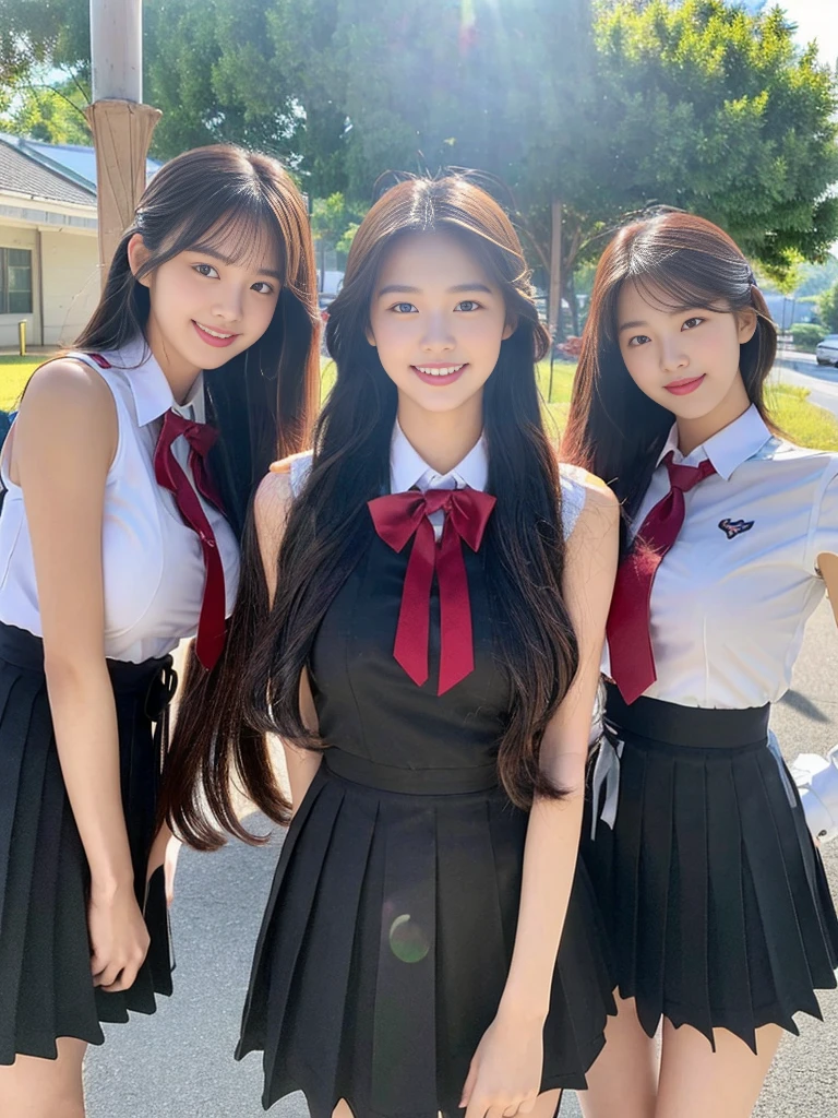 (A super cute Korean high school girl takes a photo with two close friends from her class..2)(grin,Smile)(Beautiful Sweat:1.1)(16K, RAW Photos, Highest quality, masterpiece: 1.2),(Shiny black hair) Super detailed, Super Resolution, (Genuine, Genuine photos: 1.37), Portraiture, High-resolution RAW color photos, Professional photos, Very detailed, 8k wallpaper, Very detailed CG Unity 8k wallpaper, Very detailed beautiful girls, Very detailed faces, ((whole body)), beautiful woman, Huge breasts,(huge boobs:1.1) (Big Boobs:1.1), Beauty college student (A tight, girly, navy sleeveless school uniform with ribbon.),high school girl, Korean Girls,(K-POP Female Idols), (Idol-class beauty)(Beautiful high school girl:1.1)(Bus stop on a country road)(18-year-old)(Stylish school uniform-style outfit:1.1)(Group photo:1.3)