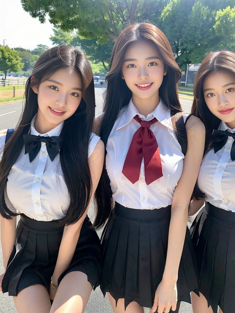 (A super cute Korean high school girl takes a photo with two close friends from her class..2)(grin,Smile)(Beautiful Sweat:1.1)(16K, RAW Photos, Highest quality, masterpiece: 1.2),(Shiny black hair) Super detailed, Super Resolution, (Genuine, Genuine photos: 1.37), Portraiture, High-resolution RAW color photos, Professional photos, Very detailed, 8k wallpaper, Very detailed CG Unity 8k wallpaper, Very detailed beautiful girls, Very detailed faces, ((whole body)), beautiful woman, Huge breasts,(huge boobs:1.1) (Big Boobs:1.1), Beauty college student (A tight, girly, navy sleeveless school uniform with ribbon.),high school girl, Korean Girls,(K-POP Female Idols), (Idol-class beauty)(Beautiful high school girl:1.1)(Bus stop on a country road)(18-year-old)(Stylish school uniform-style outfit:1.1)(Group photo:1.3)