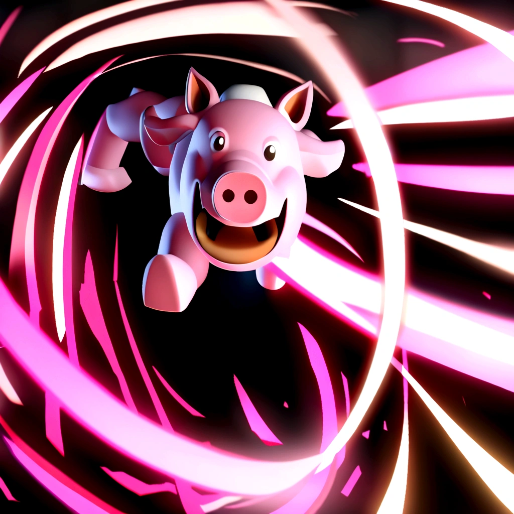 A cartoon pig,3D style,Blender, Jumpy,dreads,sprinting,mouth wide open,Back door