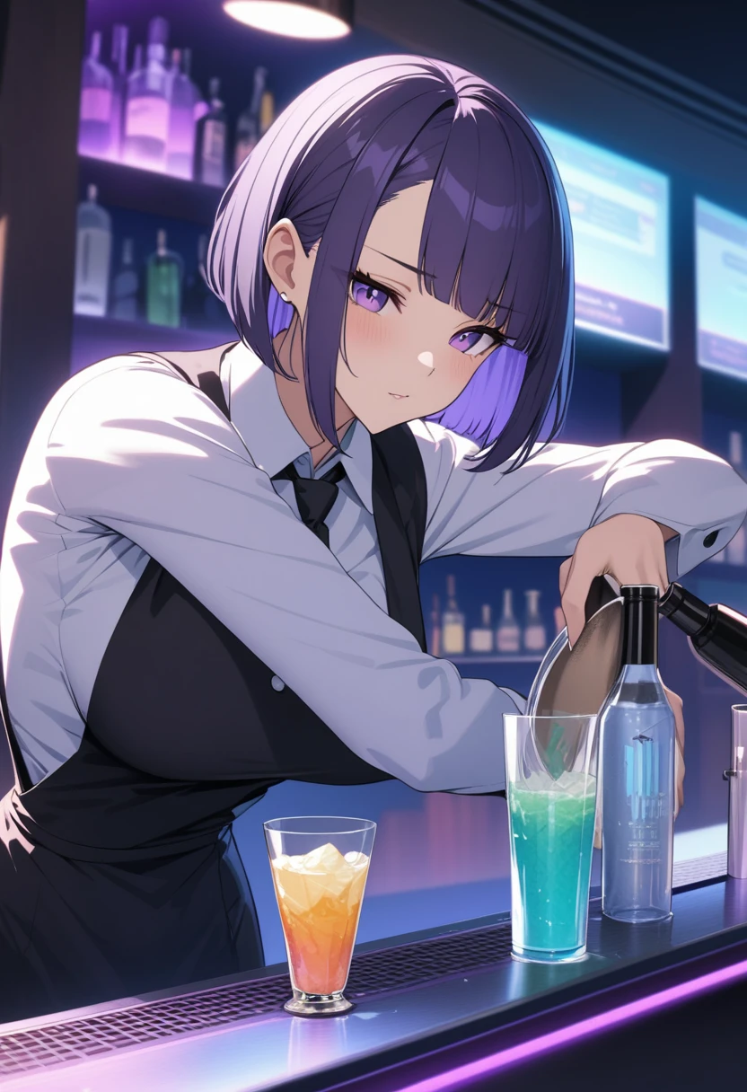 Adult Female, Black purple hair, slanted bob haircut, apathetic, perfect purple eyes cyberpunk bar, highly detailed, mixing a drink, not looking, bartender, bartender suit