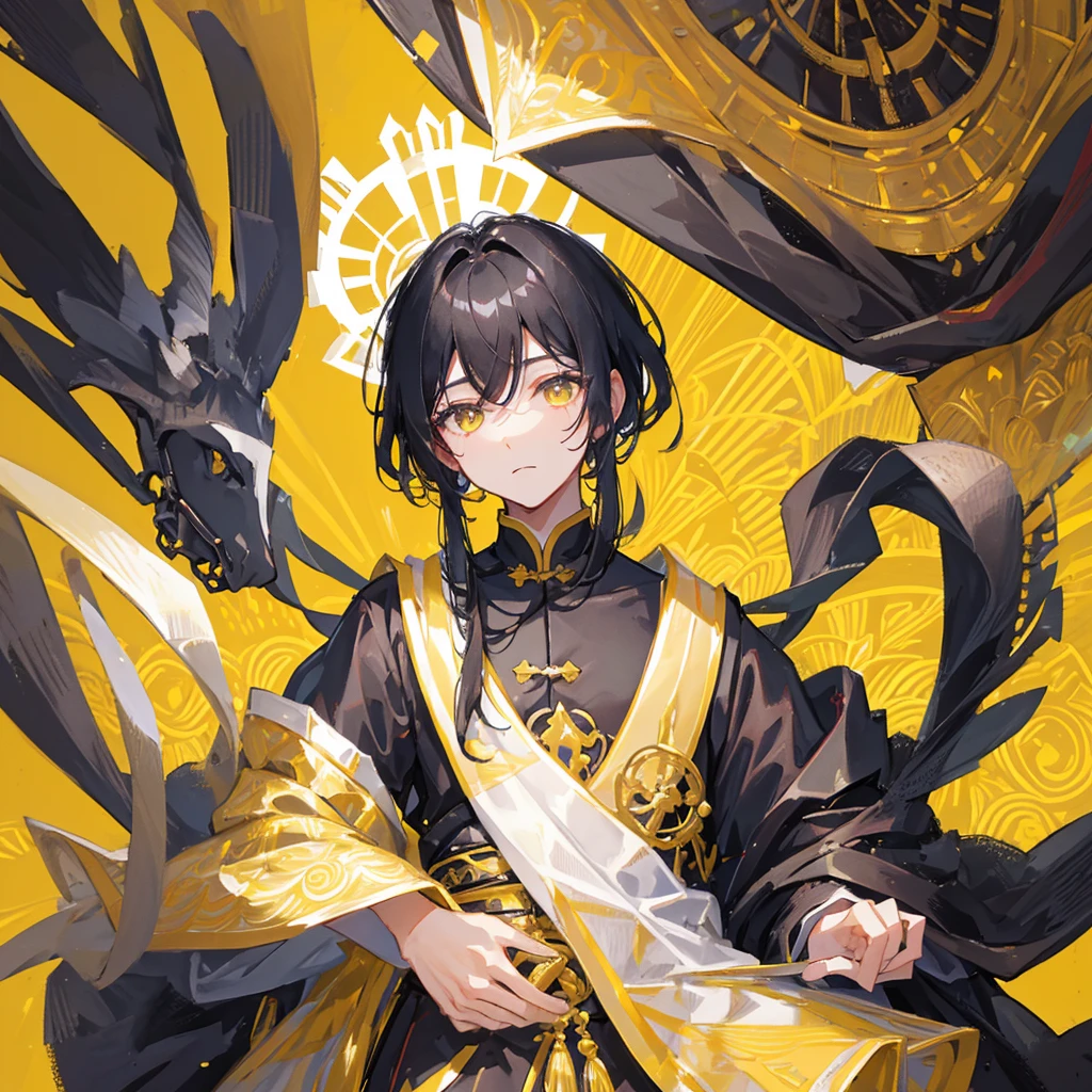 A black-haired boy,Chinese,Wear gorgeous clothes,emperor,((Pure yellow background))