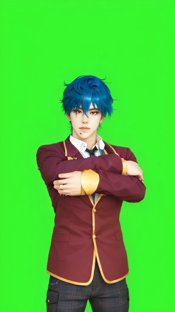 a close up of a person with blue hair and a jacket, handsome anime pose, anime cgi style, anime vtuber full body model, anime styled 3d, live2d virtual youtuber model, anime pose, default pose neutral expression, young anime man, arms akimbo pose, anime stylized, stylized anime, thinking pose, realistic anime 3 d style