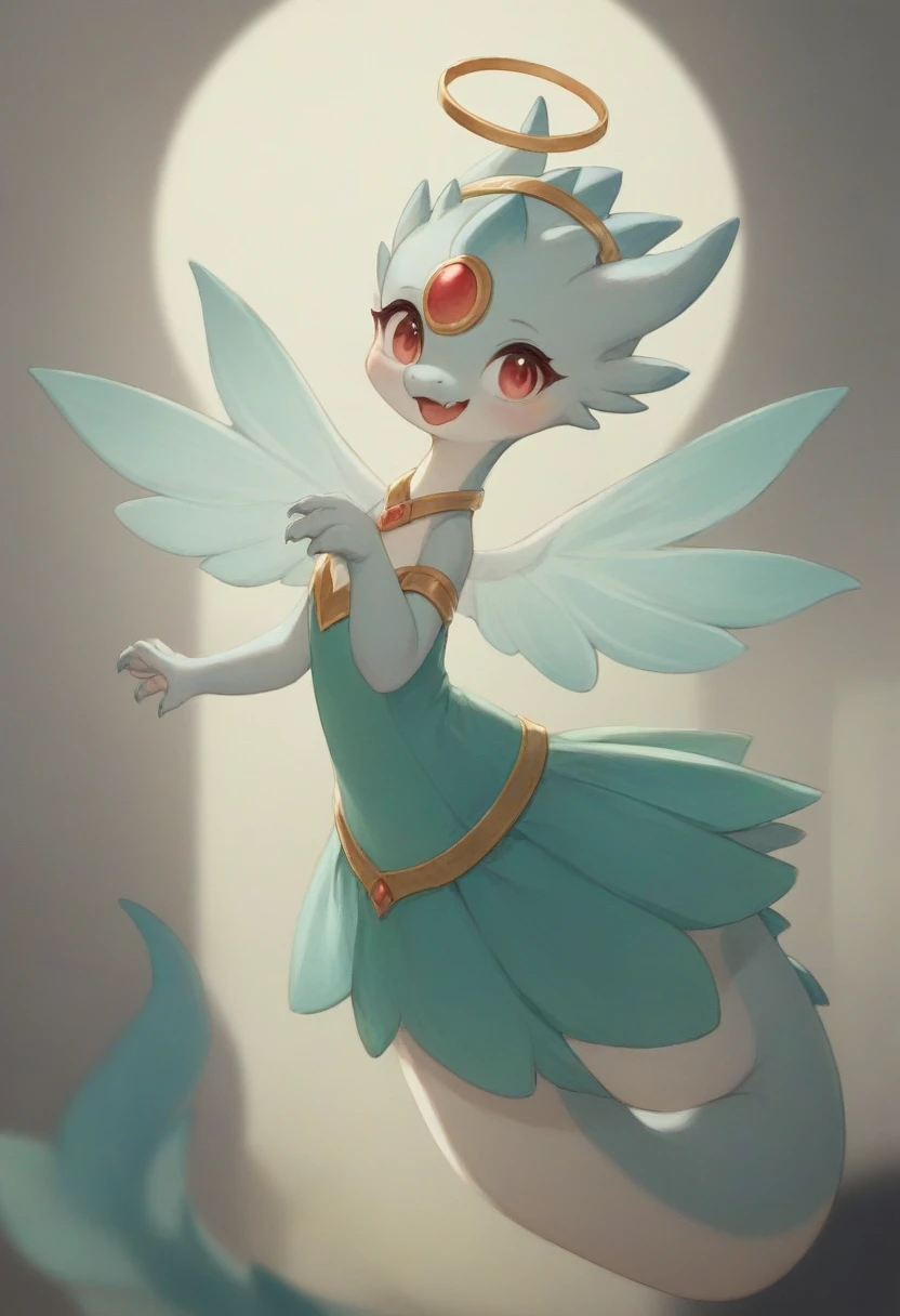Magical small silver scale dragon in a dress, lizardfolk with wings and halo, cute, chibmoon inspired, dragonfolk,
