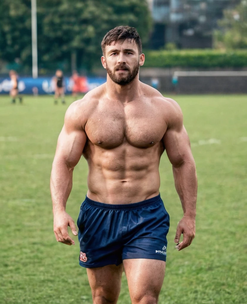 rugby player , muscle, sweat, dirty, elegant, masculine, The background is a rugby field., Sun light, pantalones cortos de rugby 30-year-old man with chest muscles and chest hair