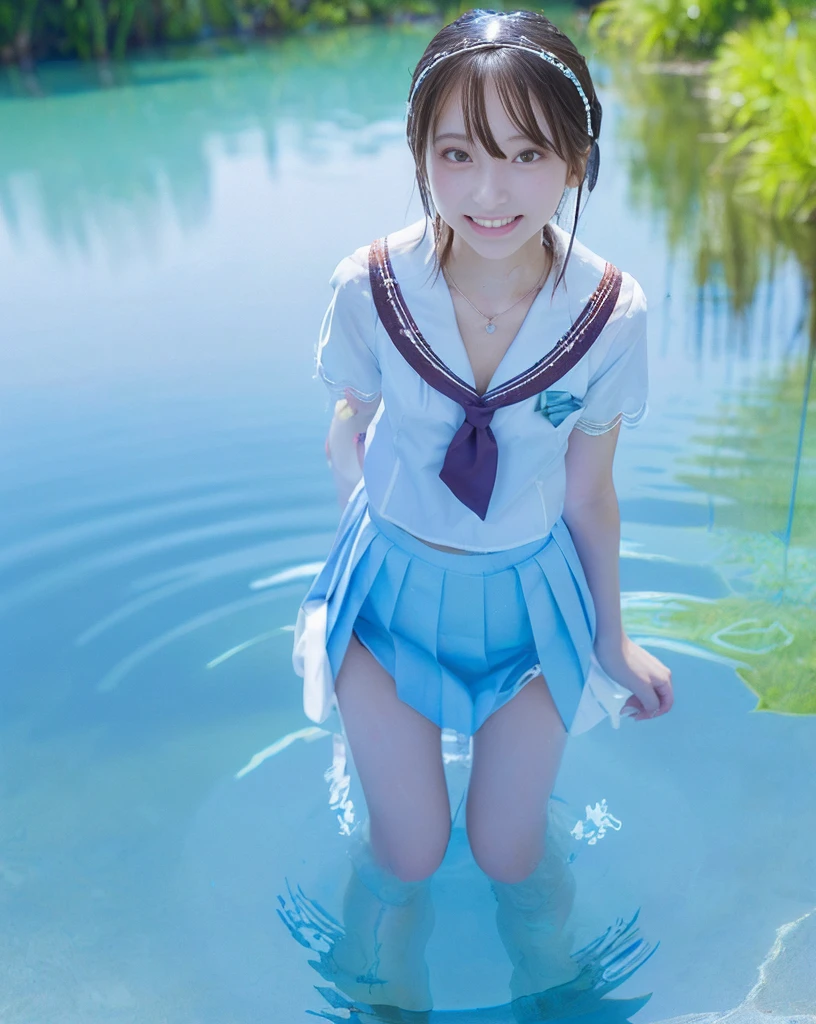 (NFSW)、(High resolution:1.5)、Highest quality,Very detailed,masterpiece,Super detailed,alone,(One 12 year old girl),((Summer School Uniforms:1.5)), Seraphim, ((skirt:1.5)),  smile, Thigh fetish images: 1.5、(((barefoot)))、(Her thighs and white bikini reflected in the clear blue water)、(reflected in water:1.5)、((I can see the white string panties:1.5))、(Cleavage)、((Clear blue seawater))、Summer sun、はしゃいだsmile、Beautiful Eyes、(pull-out-panties)、(Panties on knees)、Big necklace and tiara、The water is marine blue、