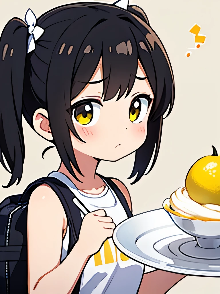 masterpiece, best quality, extremely detailed, anime, very Young girl, short, ,black hair, pigtails, sleeveless shirt, school bag, question mark, puzzled expression,(plate with lemon),( whipped cream))