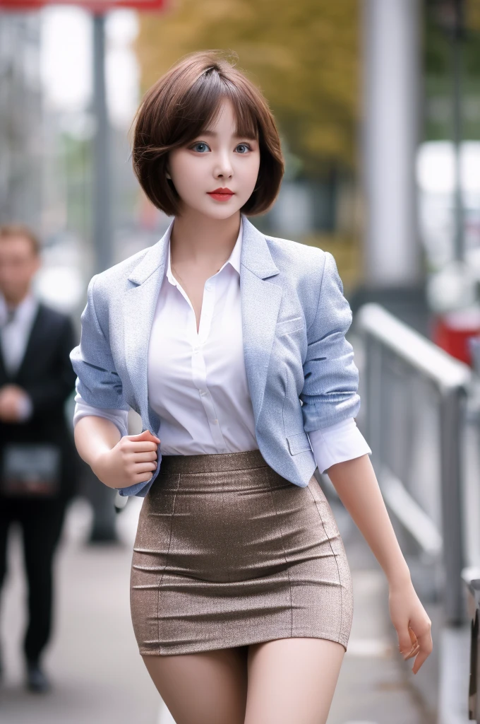 a 20 year old face of the most beautiful actress in the world, the perfect body proportions of a female, too short hair cut of a female is just like male one, the perfect shaped of female breasts, tight closed blazer is worn with formal shirt on female upper body, shirt skirt is worn with panties on female lower body, panties between bare legs under short skirt are seen just a little, standing, at the city street, nsfw, best quality, highly detailed, masterpiece, ultra high res, photo realistic, 8k