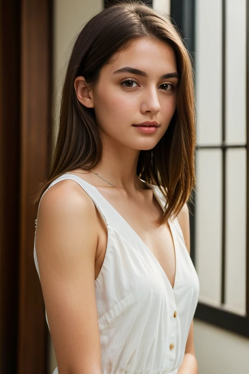 Create a very realistic and beautiful model with the following detailed features: Gender: Female, Age: Young adult (approximately 20-25 years old), Hair: Long, wavy and reddish with a natural shine, gently cascading around the shoulders and back back. . . . . . . . . . . . , Eyes: Bright green with a captivating, slightly almond-shaped look, detailed with natural highlights, Skin: Fair complexion with a light texture, including natural freckles on the nose and cheeks, giving a youthful and vibrant appearance: Fair complexion with a light texture, including natural freckles on the nose and cheeks, giving a youthful and lively appearance, Face: with a smooth and natural contour, soft and full lips with a slight pinkish tint and a slightly delicate upturned nose, Expression : a gentle face, with a touch of mischief, which conveys warmth and approachability, Clothing: in a white suit and sunglasses standing on a bridge, wearing a white suit, a white suit, a white outfit, a white suit and glasses , a white futuristic suit, a white silky outfit, fashionable white clothes, a Girl in a suit, wear white clothes, Girl in a suit, Smooth white tight-fitting suit, wear an elegant outfit, haute couture chic, All white, Background : the model is on an elegant flowered terrace, beginning on an open roof, end of sunny day, sea view in the background. Pose: relaxed and confident posture, start on an open-air rooftop, end of sunny day, sea view in the background. aesthetic, Unsplash, Neoclassicism, Complex background, Best quality, hyper detailed, Gratty Sita, 64K, Light design