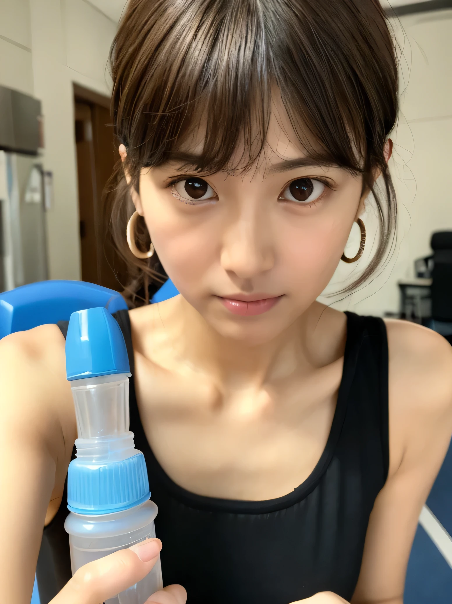 There is a woman holding a bottle of water in her hand, 奈良美智, けもの, chiho, shikamimi, sakimichan, Ayaka, Sweaty skin!!, narumi kakinouchi, Shiori Teshirogi, 165 cm tall, cutecore