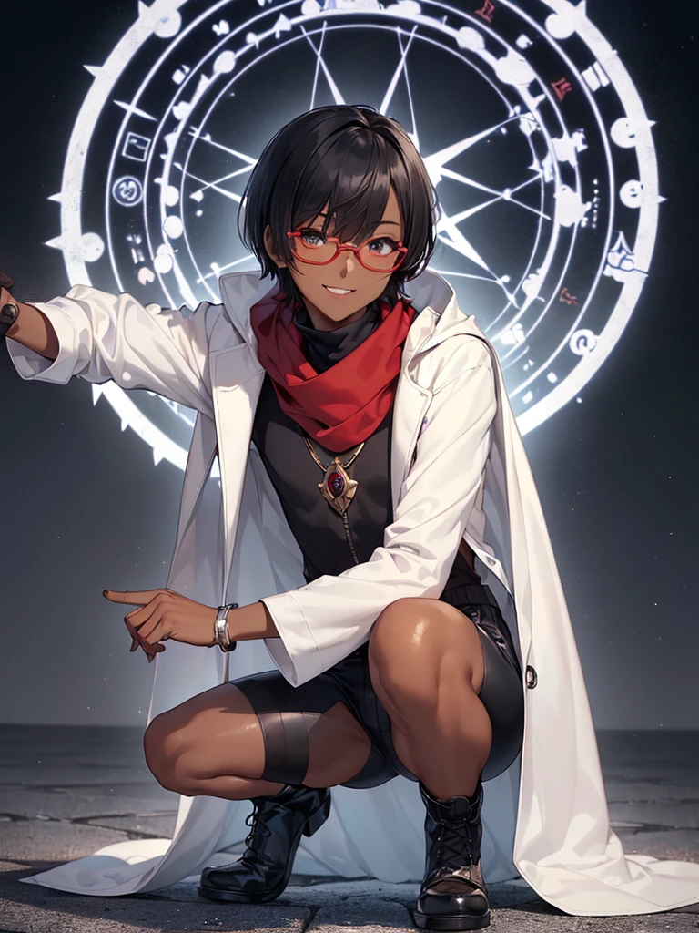 (flat chest), (masterpiece:1.2), highest quality, High resolution, unity 8k wallpaper, (fine and beautiful eyes:1.6), highly detailed face, perfect lighting, Detailed CG, (perfect hands, perfect anatomy), (1 boy solo:1.4), 20 years old, black hair, extremely beautiful detailfeminine face and eyes, (evil smile:1.4), detailed eyes, best quality,( dark skin:1.8), (turtleneck shirt under lab coat:1.2), (bike shorts:1.2), extremely detailed, very precise detailed, (glasses:1.3), blunt bangs, open mouth, (very short pixie cut:1.2), boots,fingerless gloves, smile, (half closed eyes:1.3) ,(squat in magic circle on ground) ,night sky,long sidelocks,(long red Scarf),(lab coat),(squatting),(squat:1.3),(one knee dwon:1.5),(Put one foot in front:1.3),(stylish pose:1.4),(Raise only index finger:1.1),(spread arms:1.2),(in magic circle on ground only),(open magic scroll by both hands:1.4),(have magic scroll:1.3)
