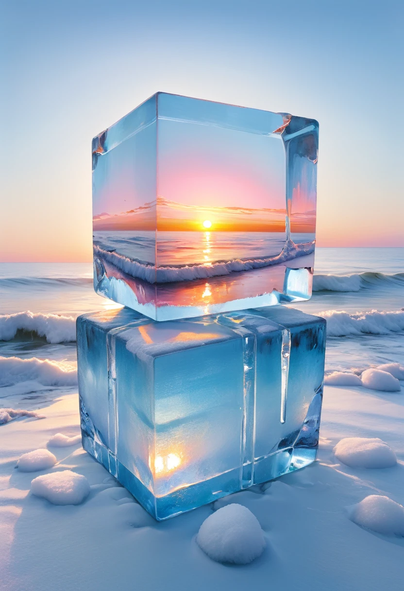 An oil painting：(((sunrise，Ocean，horizon，peaceful)))，(Ice cubes里的红色玫瑰：1.37)，Ice cubes，cube，Frozen Rose，Refracted Light