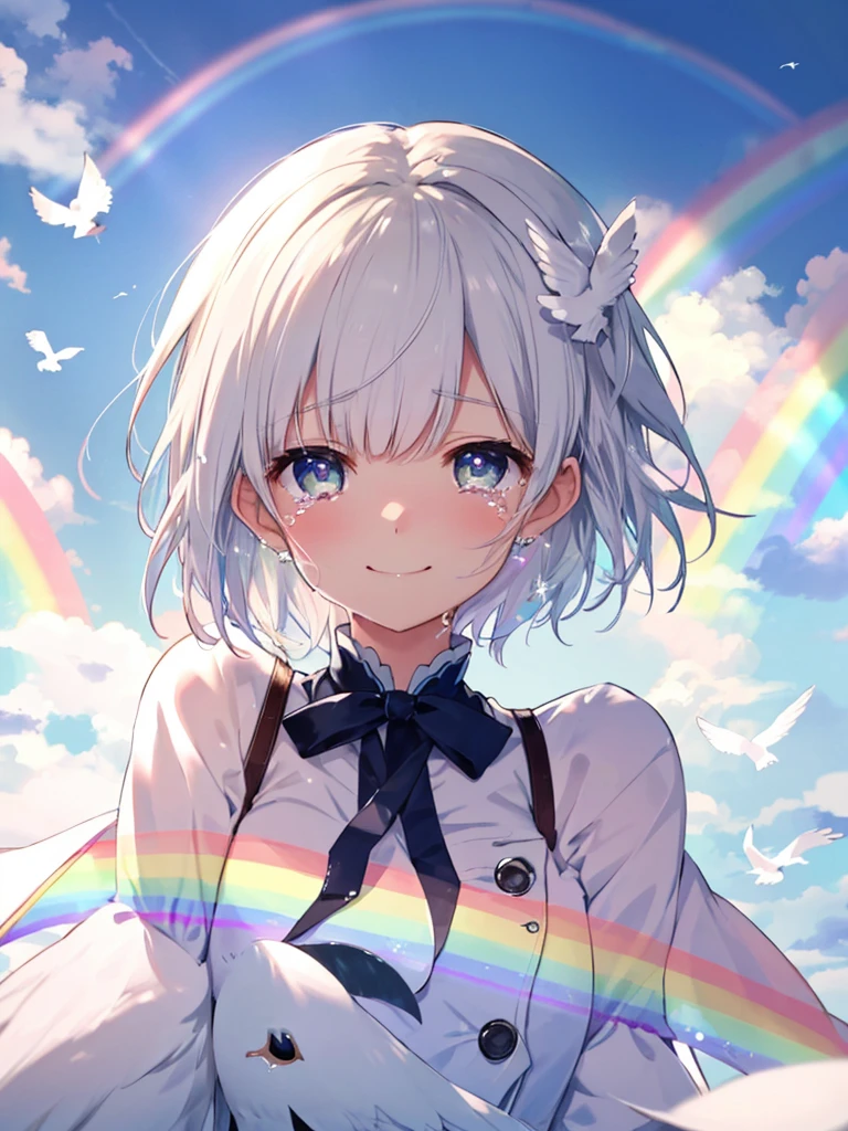 (((Extreme close-up　tears　smile　Low - Angle　Dove of peace)))　((輝くtears　Rainbow Eyes　Short Hair　Receiving the light　Rainbow light))　(Shining Edge)