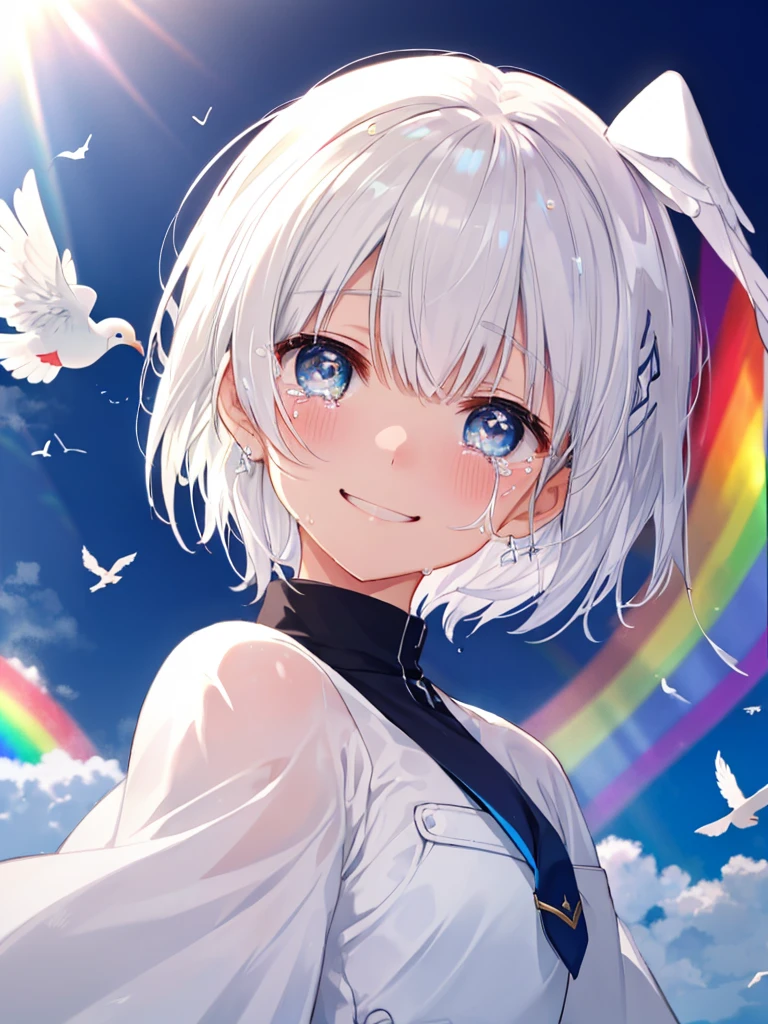 (((Extreme close-up tears smile Low - Angle Dove of peace))) ((輝くtears Rainbow Eyes Short Hair Receiving the light Rainbow light)) (Shining Edge)