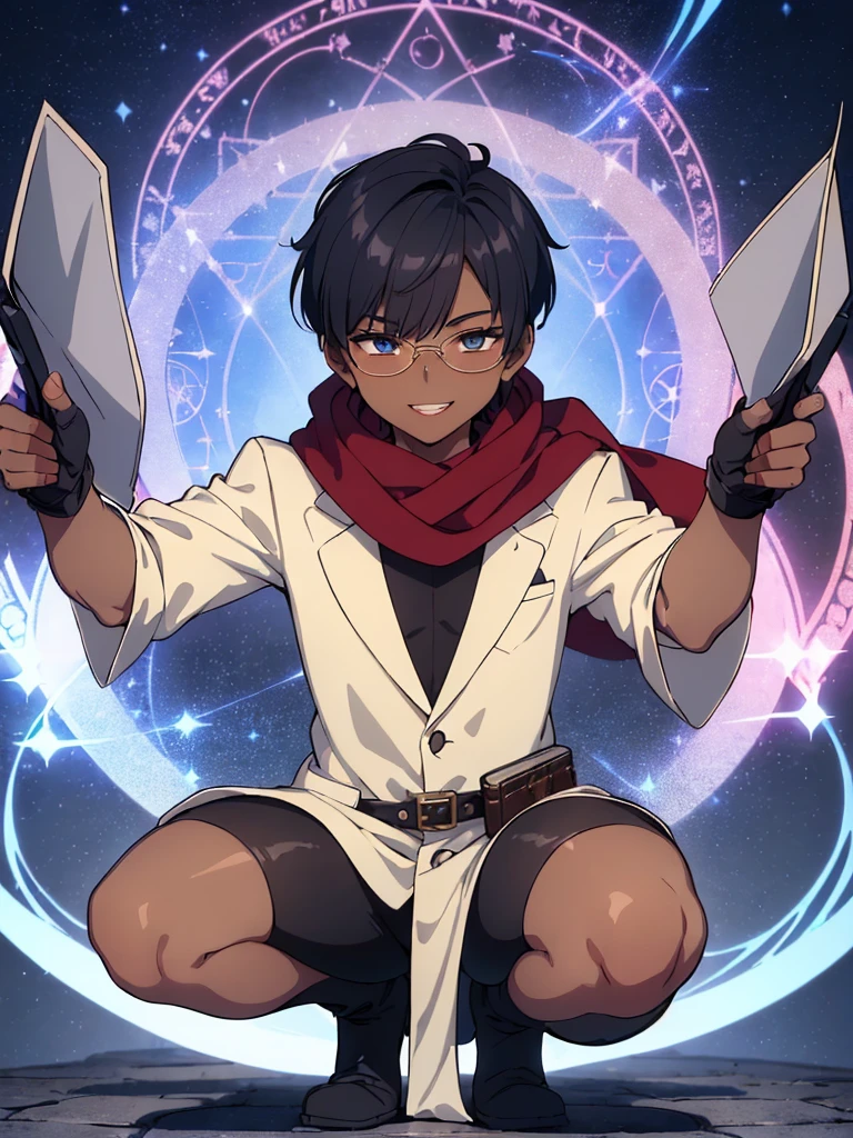 (flat chest), (masterpiece:1.2), highest quality, High resolution, unity 8k wallpaper, (fine and beautiful eyes:1.6), highly detailed face, perfect lighting, Detailed CG, (perfect hands, perfect anatomy), (1 boy solo:1.4), 20 years old, black hair, extremely beautiful detailfeminine face and eyes, (evil smile:1.4), detailed eyes, best quality,( dark skin:1.8), (turtleneck shirt under lab coat:1.2), (bike shorts:1.2), extremely detailed, very precise detailed, (glasses:1.3), blunt bangs, open mouth, (very short pixie cut:1.2), boots,fingerless gloves, smile, (half closed eyes:1.3) ,(squat in magic circle on ground) ,night sky,long sidelocks,(long red Scarf),(lab coat),(squatting),(squat:1.3),(one knee dwon:1.5),(Put one foot in front:1.3),(stylish pose:1.4),(Raise only index finger:1.1),(spread arms:1.2),(in magic circle on ground only),(open magic scroll by both hands:1.4),(have magic scroll:1.3)
