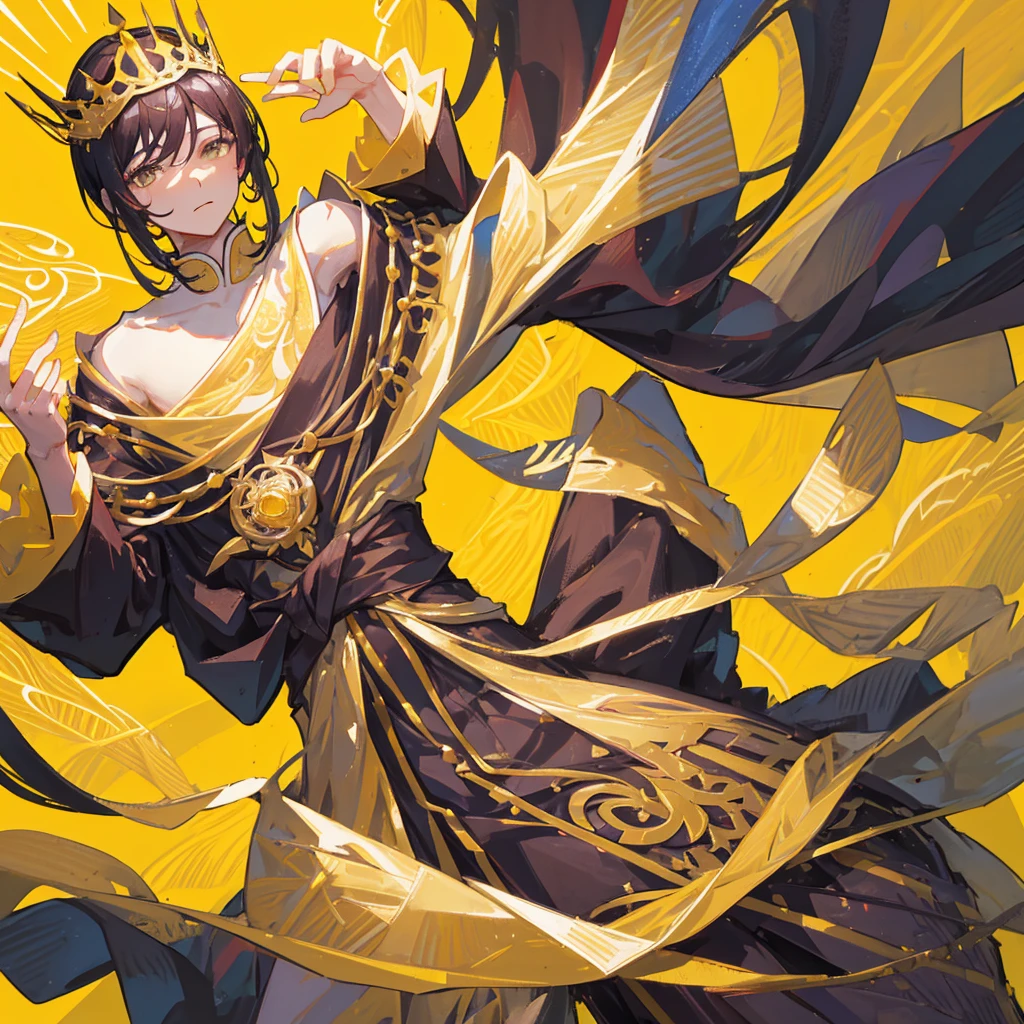 A black-haired boy,Chinese,Wear gorgeous clothes,emperor,Wearing a crown,((Pure yellow background))