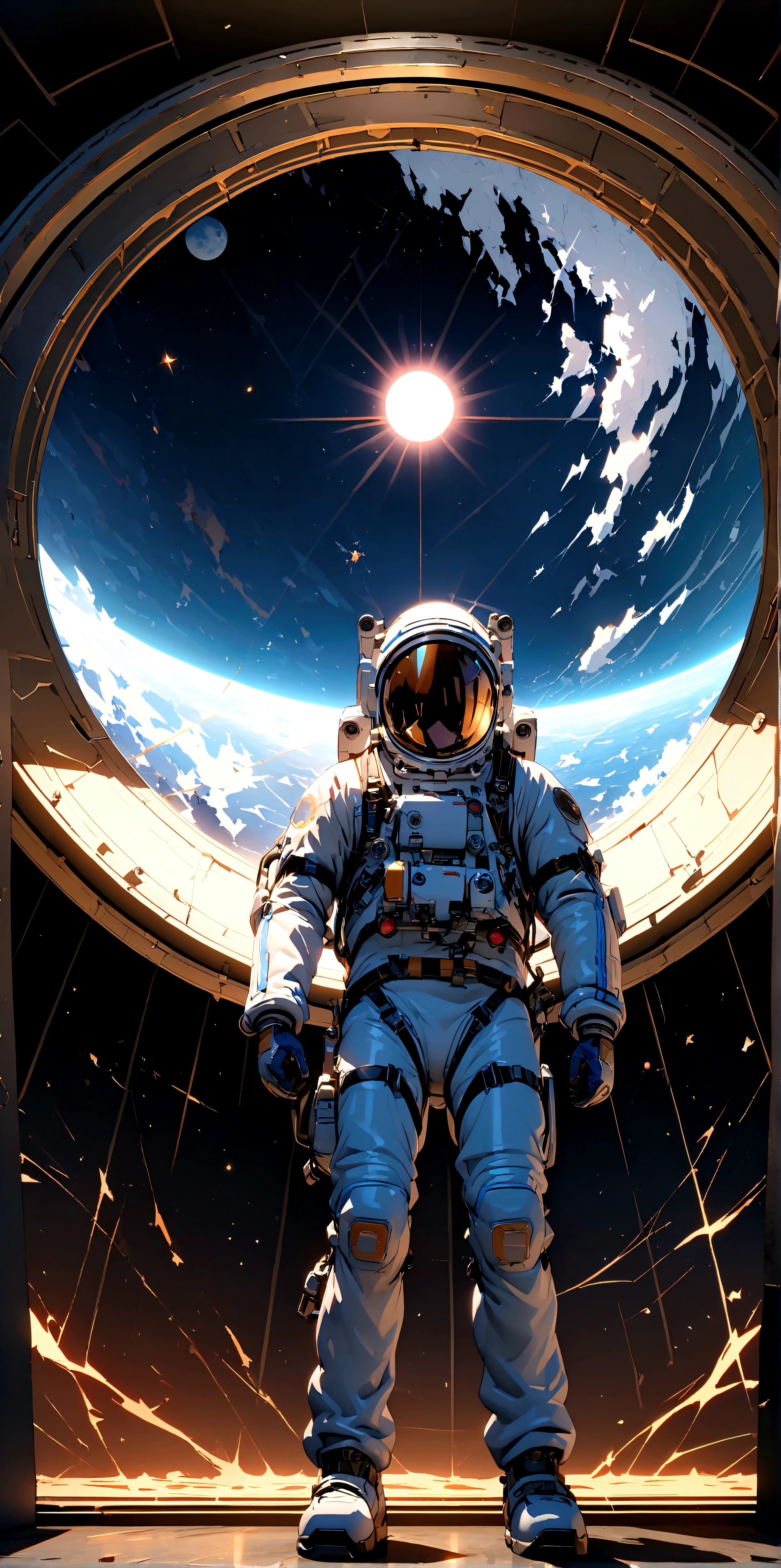 quality\(8k,wallpaper of extremely detailed CG unit, ​masterpiece,hight resolution,top-quality,top-quality real texture skin,hyper realisitic,increase the resolution,RAW photos,best qualtiy,highly detailed,the wallpaper,cinematic lighting,ray trace,golden ratio\), BREAK ,solo,1astronaut\(wearing spacesuit,standing at the moon\(dark,beautiful,beautiful stars\)\) , (sun\(beautiful ,dazzling\) rising from the behind of the earth\((beautiful,blue:1.4)\):1.2),(long shot:1.8)