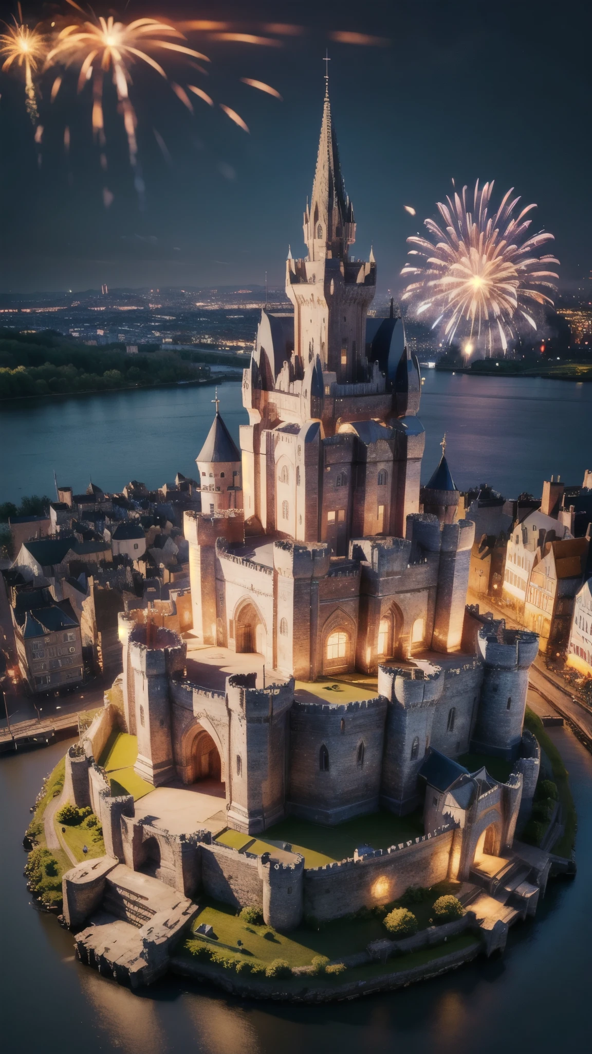 (masterpiece:1.2, Highest quality),(Very detailed),8K,wallpaper,Ultra-fine painting,city,(((castle))),Isometric 3D Diorama,Matte Paint,おcity,,night,light up,There are a lot of fireworks