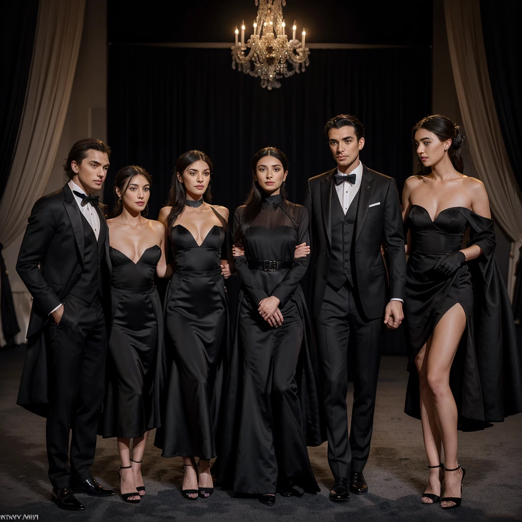 Capture the elegance and sophistication of seven individuals, comprising three men and four women, dressed in black attire. The three men don black tuxedos, while the four women adorn themselves in long black gowns. They stand side by side on the grand opera stage, exuding an air of utmost refinement and poise. Ensure the image is a realistic, ultra HD portrayal of this scene.