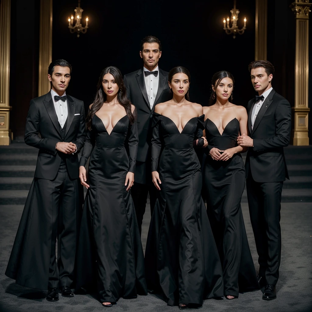 Capture the elegance and sophistication of seven individuals, comprising three men and four women, dressed in black attire. The three men don black tuxedos, while the four women adorn themselves in long black gowns. They stand side by side on the grand opera stage, exuding an air of utmost refinement and poise. Ensure the image is a realistic, ultra HD portrayal of this scene.