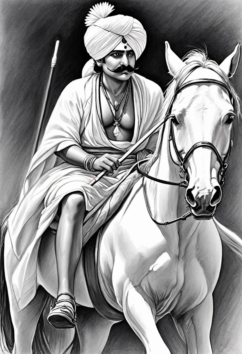 Create A pencil artwork 
only pencil drawing, 

A 30 year old man wearing a white Indian Gujarati turban has a large mustache on his face, a spear in his hand, and is sitting on a white horse ,with a cloth tied to stop the so much bleeding from his stomach.
