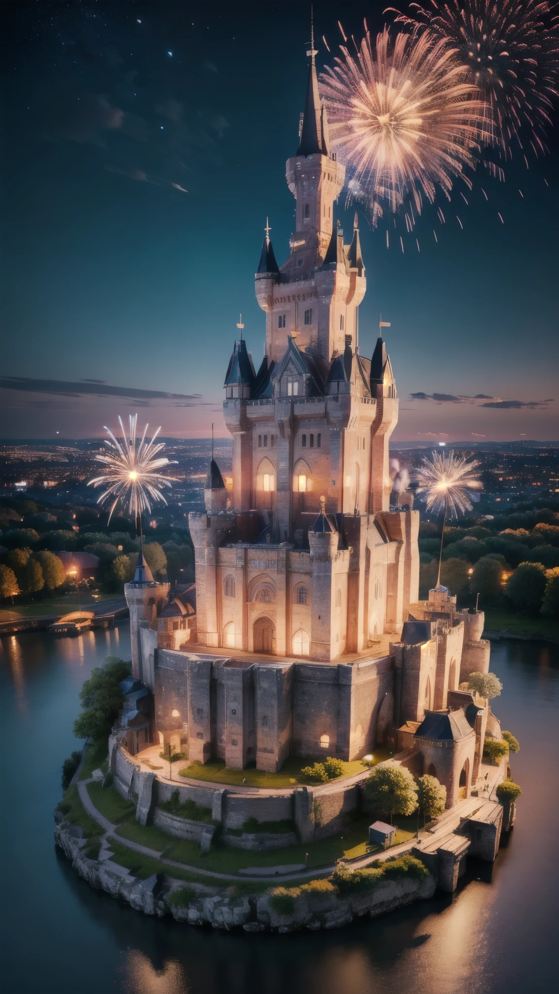 (masterpiece:1.2, Highest quality),(Very detailed),8K,wallpaper,Ultra-fine painting,city,(((castle))),Isometric 3D Diorama,Matte Paint,おcity,,night,light up,There are a lot of fireworks