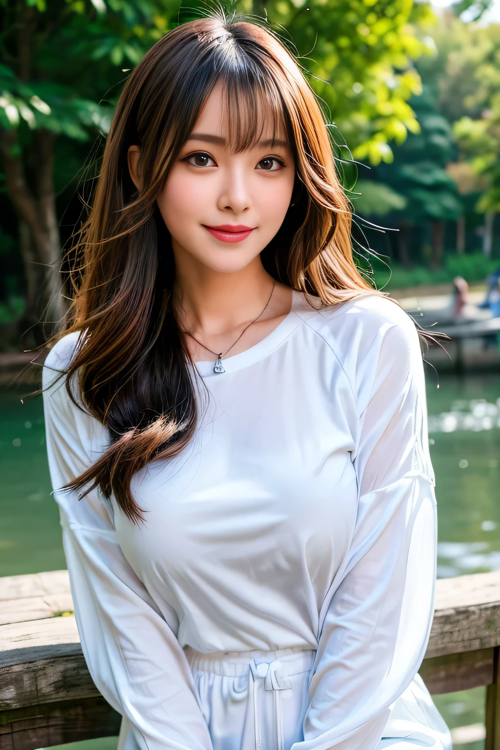 ((Full Body Angle))、((Front hair:1.2))、((Highest quality, 8K, masterpiece: 1.3)), concentrated: 1.2, Cute girl 1,Nipples erect、 Perfect beauty: 1.4,Cut and sewn T-shirt Raglan sleeve summer short sleeve T-shirt.Shorts: 1.2,Long sleeve、Randall Color、comics＆Text Graphics、Black ruffle-trimmed drawstring zip blouse,1.1, Highly detailed face and skin textures, Fine grain, double eyelid, whitening skin, ,Highest quality,Ultra-high resolution,you,1 girl,alone,_Shiny_skin,Iris,necklace,((brown_length_Wavy_hair)),(lips)),eyelash,Front hair,deal with,compensate,Shiny,pore,skin,Large Breasts、smiling face、Walking in the park、walk、