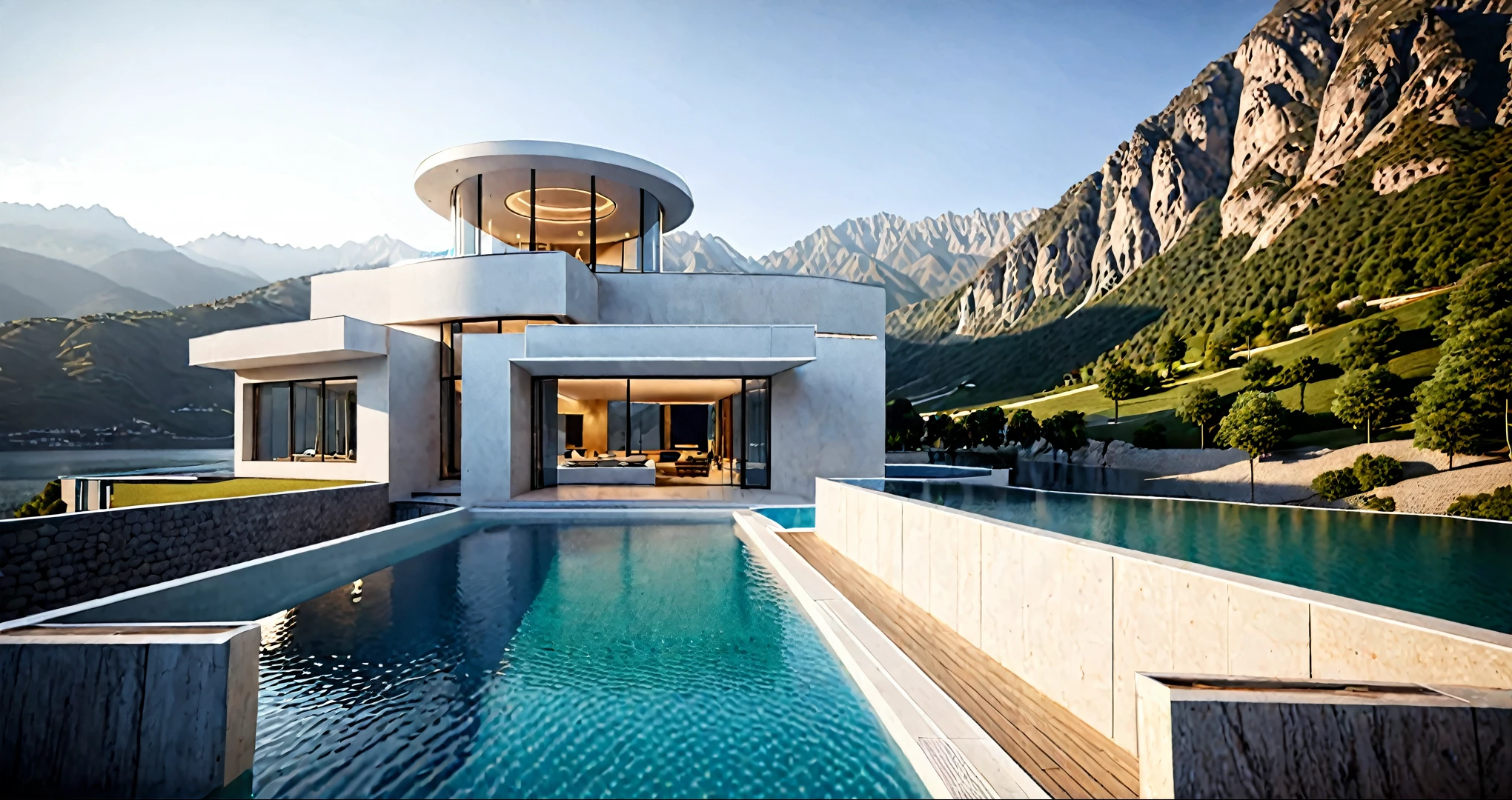 A home with a sense of futuristic technology，3-storey building，Set against the mountains，Facing the lake，Huge swimming pool，modern architectural style， hyperedetailed photo，buliding，iintricate，shadowing, HighDynamicRange，Dynamic lighting, Fotorrealista, Natural soft light, Low H, tmasterpiece, Detailed 8K，There are super many details，Oversized floor-to-ceiling glass，A combination of technology and the natural environment，Has a super cool look，
