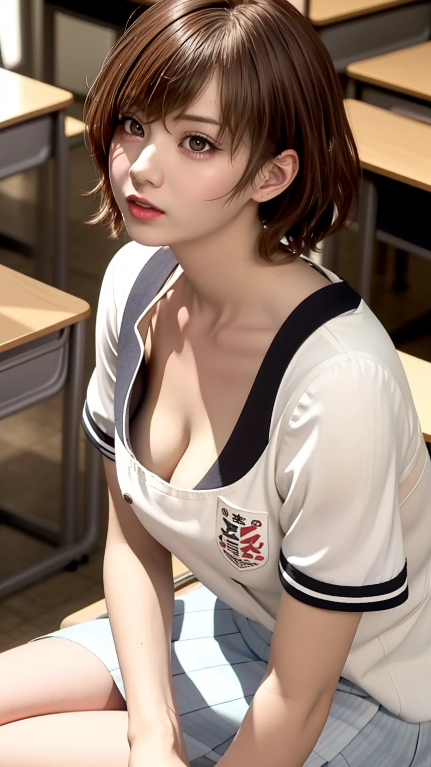 8K quality、High resolution、Beautiful fair skin texture、High resolutionの瞳、Japanese high school girls、Summer uniform、Open-neck short-sleeved white shirt、Cleavage、mini skirt、Brown Princess Hair、、Small breasts、Sweat accumulates in the chest、classroom、open mouse