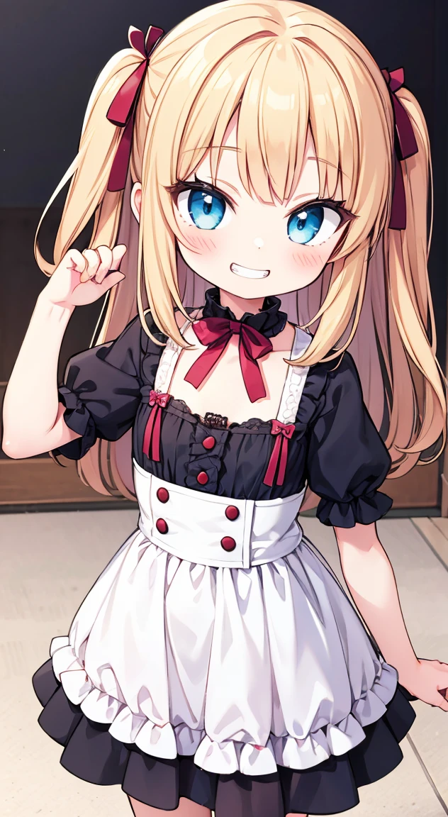 1girl, old, loli, ce, solo, grin, naughty smile, flat chest, cute children fashion,