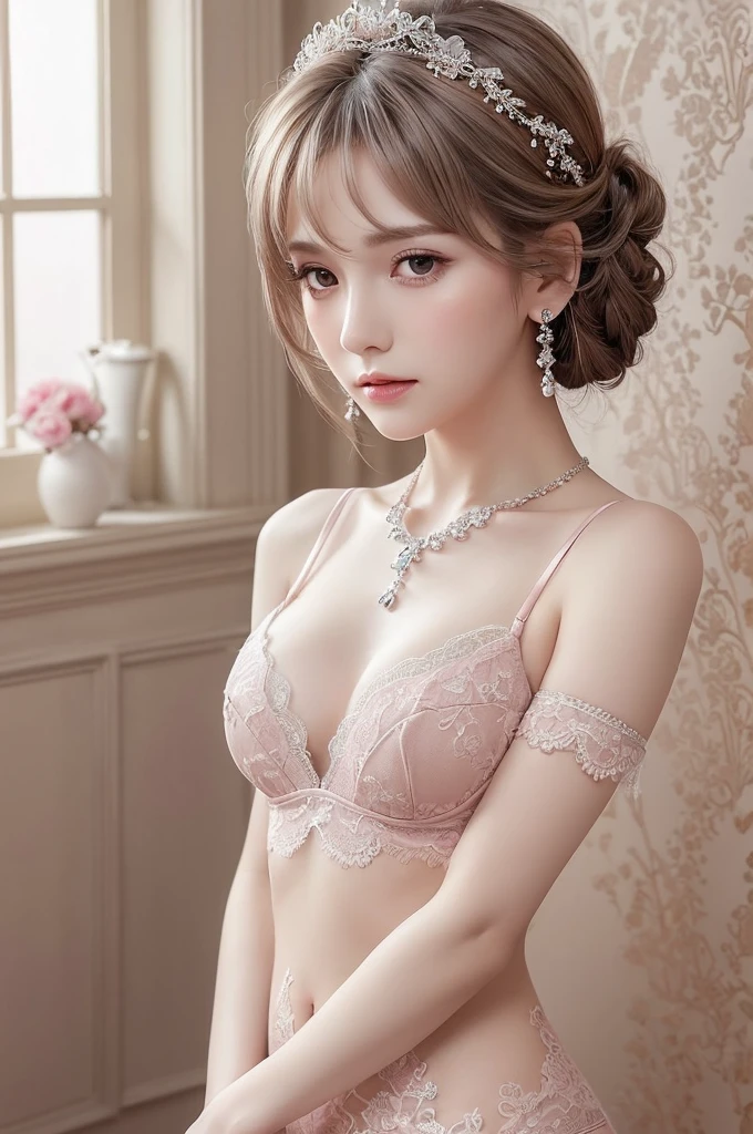 pink lace thong&Good, (((Very elegant and beautiful, Perfect detail, Super detailed))), whole body, The most detailed girl, Depth of written boundary, 美しく詳細なwhole body, Thin legs, 1 girl, 30 years old, Very short hair, Spiked Hair, Gray and silver hair, Beautiful detailed hair, Perfect Face, Expressionless, Beautifully detailed deep eyes, Open your mouth a little, Delicate arms and hands, Pale skin, Earrings, Beautiful and gorgeous necklace, Colorful background, HD background, Blurred Background, Very delicate and beautiful, Masterpiece, (((Highest quality, Very beautiful 8K CG wallpaper))), (((Trendy hairstyles))), (Inside the room,Stylish interior,window),