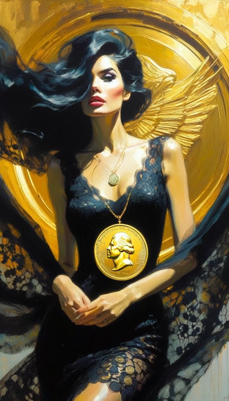 full body beautiful woman in black lace dress looks very intrigued at a big flying gold coin(art inspired in Bill Sienkiewicz). oil painting)