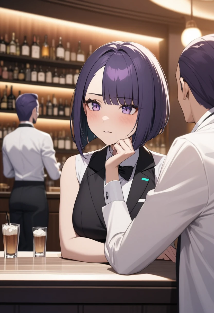 Adult Female, Black purple hair, slanted bob haircut, apathetic, perfect purple eyes cyberpunk bar, highly detailed, talking to patron, not looking, bartender, bartender suit