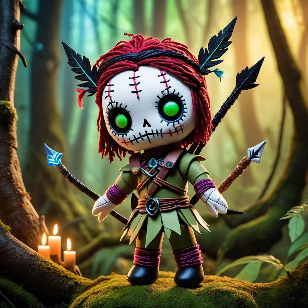 (knitted toy voodoo doll:1.6), (Voodoo Magic Archer:1.3), (clothes costume of an elven archer with magic arrows:1.0), (in the background a mystical forest with glowing trees and magical creatures:1.3), best quality, masterpiece, detailed soft oil painting, detailed background, dramatic cinematic lighting, soft edge lighting, professional, dramatic lighting, hard edge lighting, ultra quality, 4k, masterpiece, best quality, 8k, ultra high definition, high resolution, extremely detailed