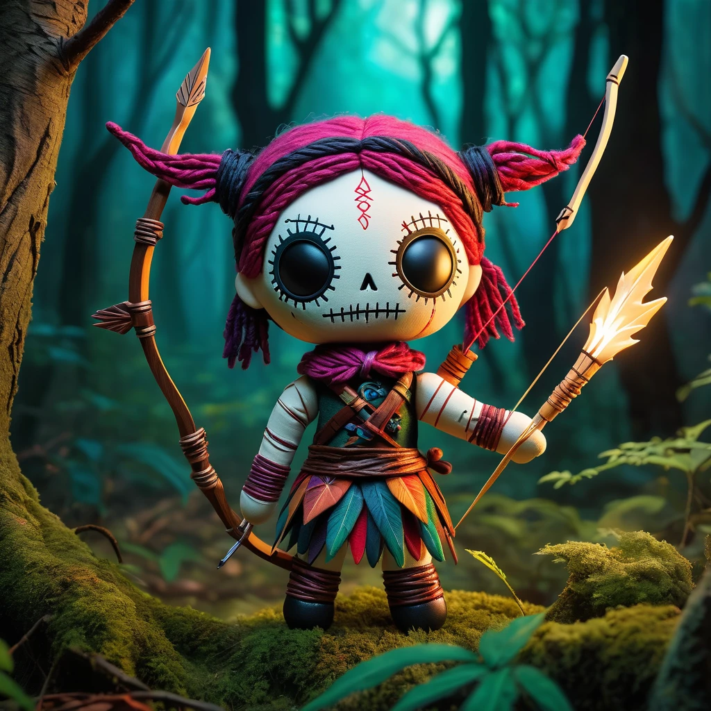 (knitted toy voodoo doll:1.6), (Voodoo Magic Archer:1.3), (clothes costume of an elven archer with magic arrows:1.0), (in the background a mystical forest with glowing trees and magical creatures:1.3), best quality, masterpiece, detailed soft oil painting, detailed background, dramatic cinematic lighting, soft edge lighting, professional, dramatic lighting, hard edge lighting, ultra quality, 4k, masterpiece, best quality, 8k, ultra high definition, high resolution, extremely detailed