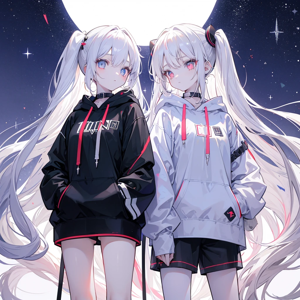 Two girls,
the first one has red eyes and beige hair in twin tails,
the second one has blue eyes and white hair in side tails,
they are both wearing sporty hoodies and shorts in monochrome, colorful on white background, glowing, stars, light, ephemeral,, mirrornun