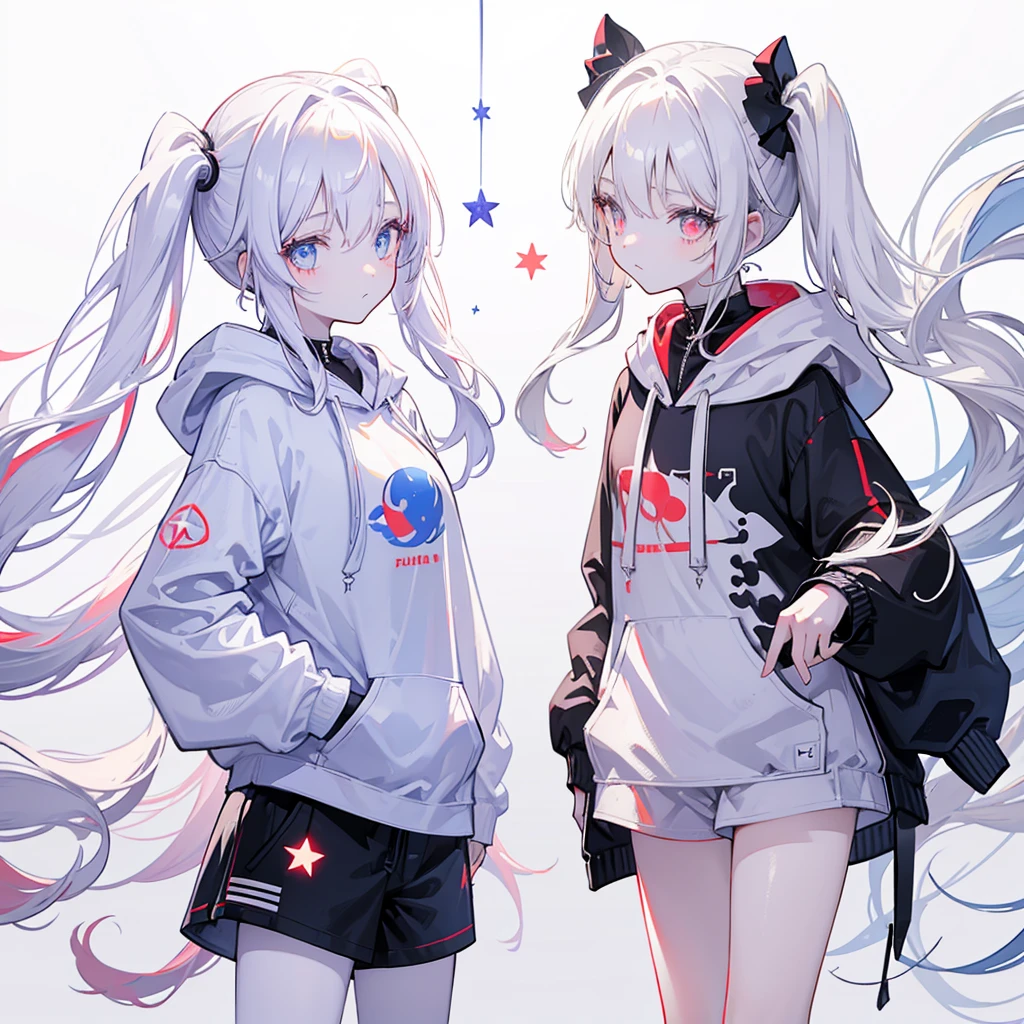 Two girls,
the first one has red eyes and beige hair in twin tails,
the second one has blue eyes and white hair in side tails,
they are both wearing sporty hoodies and shorts in monochrome, colorful on white background, glowing, stars, light, ephemeral,, mirrornun