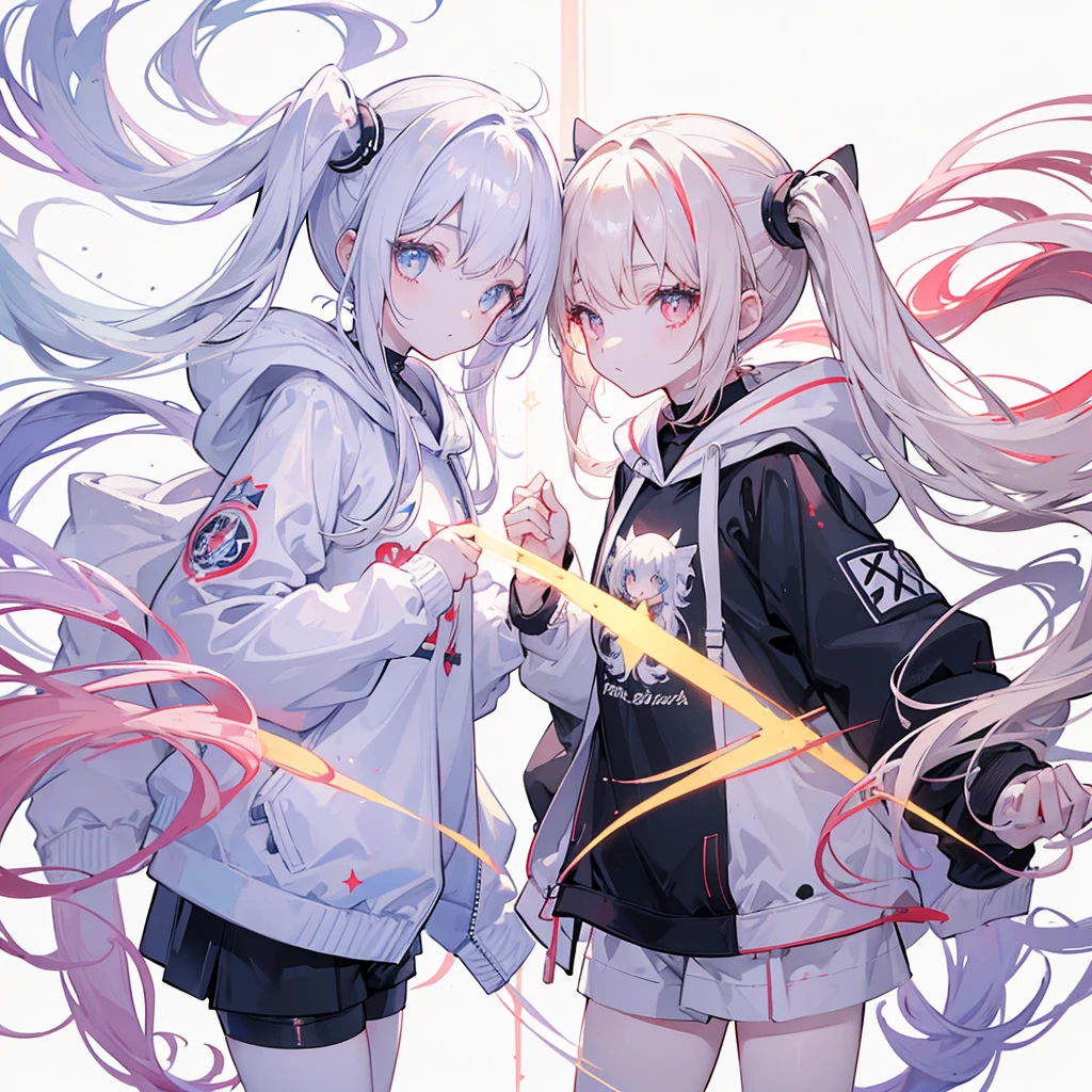 Two girls,
the first one has red eyes and beige hair in twin tails,
the second one has blue eyes and white hair in side tails,
they are both wearing sporty hoodies and shorts in monochrome, colorful on white background, glowing, stars, light, ephemeral,, mirrornun